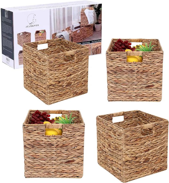 Natural Large Hyacinth Cube Basket Set of 4 Laundry Organizer For Home Decor