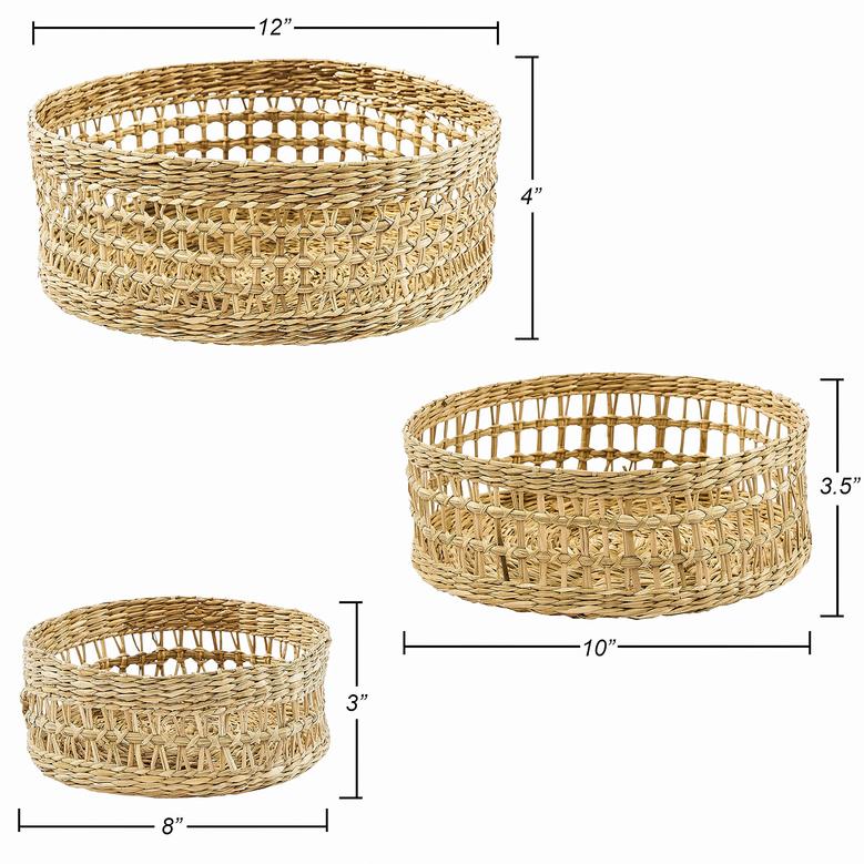 Beige Round Seagrass Easter Basket Set of 3 Decorative Baskets for Kitchens and Living Areas