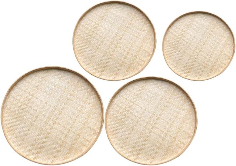 Natural Bamboo Herb Drying Basket Flat Round Bamboo Wall Hanging Baskets Set Of 4 For Kitchen