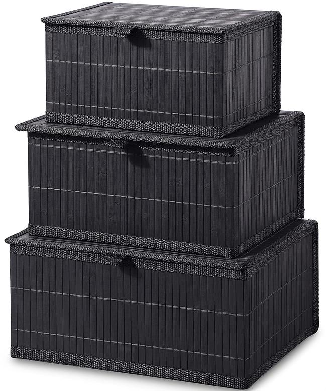Black Rectangular Bamboo Basket With Lid Set of 3 Decorative Storage Boxes