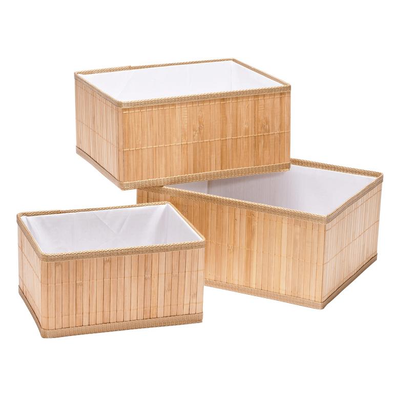 Natural Small Rectangular Bamboo Baskets Set of 3 with Fabric Liner Bamboo Storage Baskets
