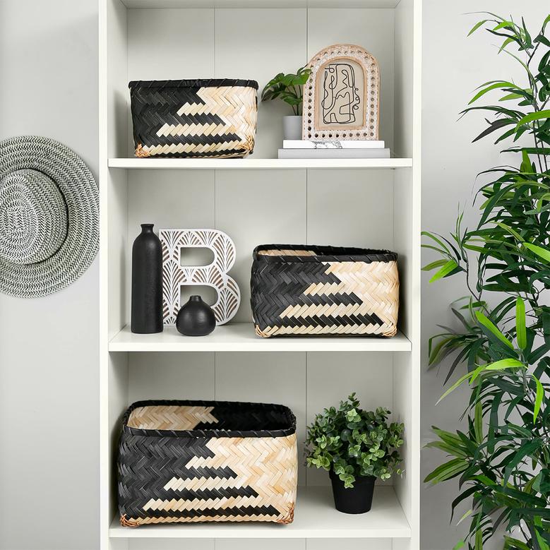 Black and Natural Rectangular Bamboo Laundry Baskets Set of 3 Organization Boho Basket Bins