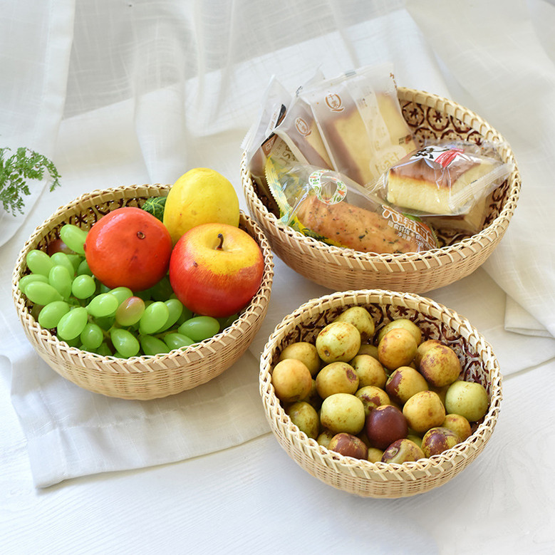Natural Round Bamboo Bread Fruit Baskets Set of 3 Serving Basket Farmhouse Decor