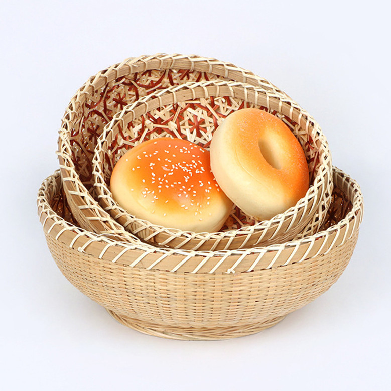Natural Round Bamboo Bread Fruit Baskets Set of 3 Serving Basket Farmhouse Decor