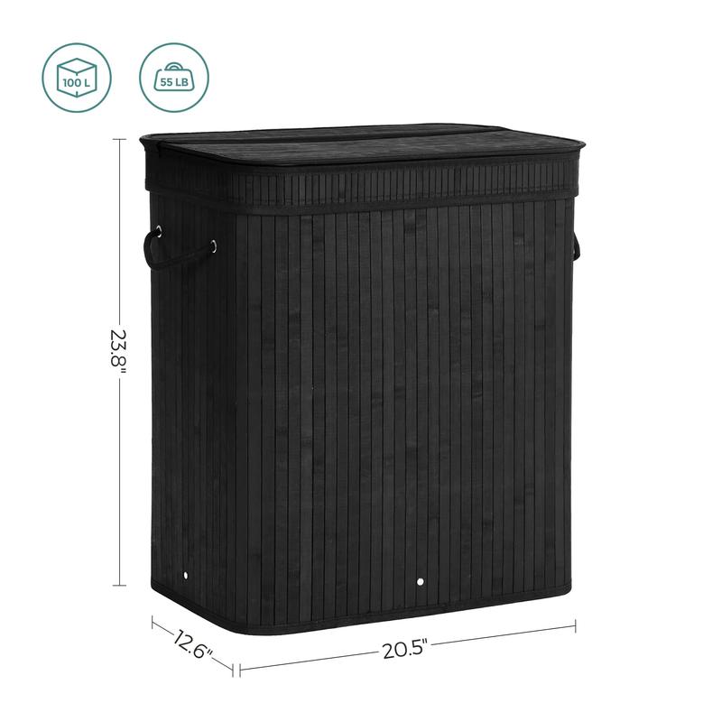 Black Bamboo Laundry Basket with lid and handles Foldable Storage Basket for Laundry Room