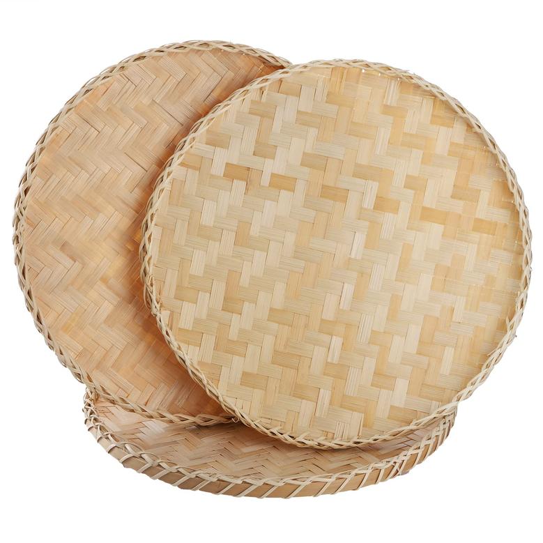 Natural Round Bamboo Wall Hanging Basket Set of 3 Flat Bamboo Bread Fruit Basket