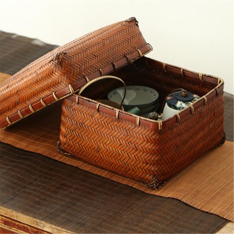 Brown Square Bamboo Weave Basket with lid bamboo box village decor