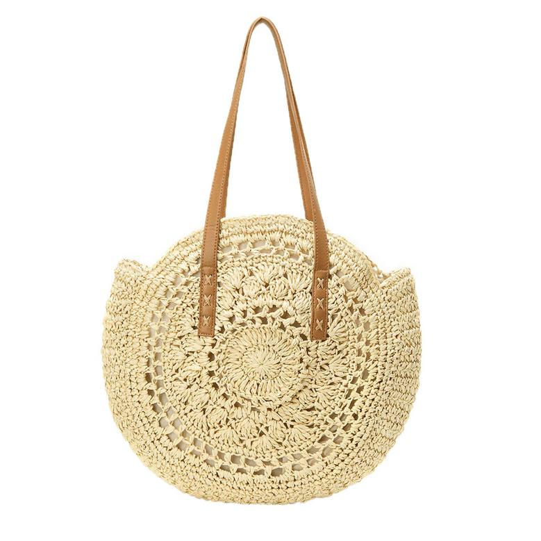 Beige Large Round Wicker Bag Chic Summer Beach Tote Woven Handle Shoulder Bag Straw Handbag Gift For Her