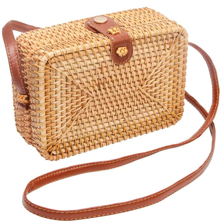 Brown Square Wicker Bag Crossbody Rattan Bag Boho Clutch Woven Handbag Gift For Her