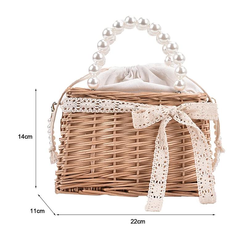 Brown Rectangle Wicker Bag with Pearl Ornaments Straw Bag for Women Summer Hobo Purse Gift For Her