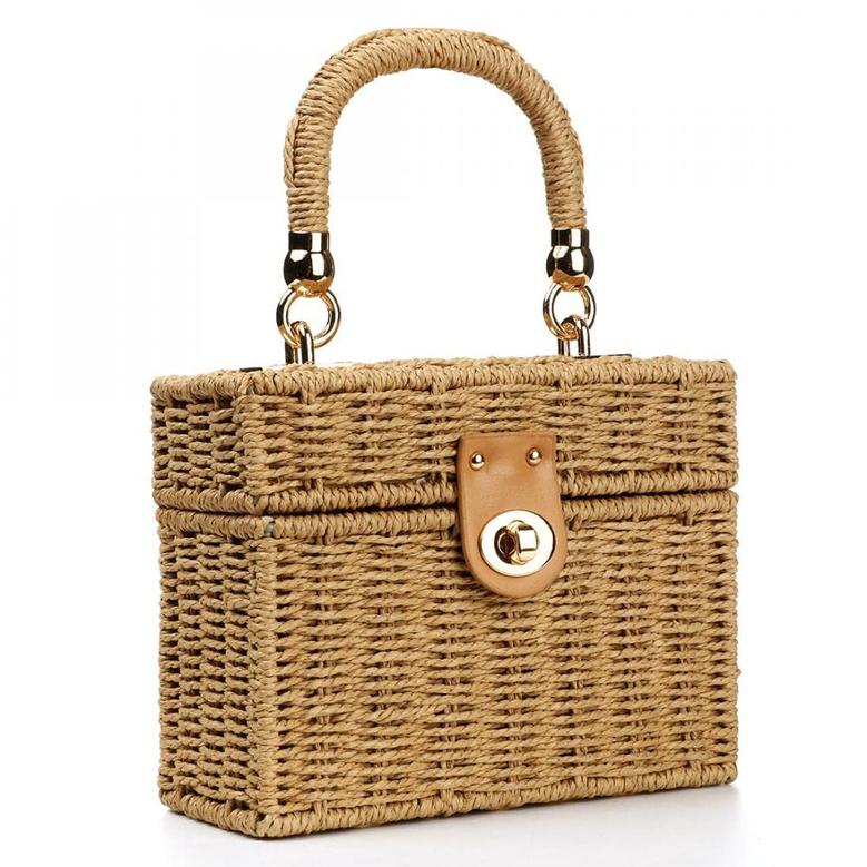 Brown Square Wicker Bag Hand-Woven Rattan Crossbody Bag with Leather Strap Summer Retro Beach Tote for Girls Her