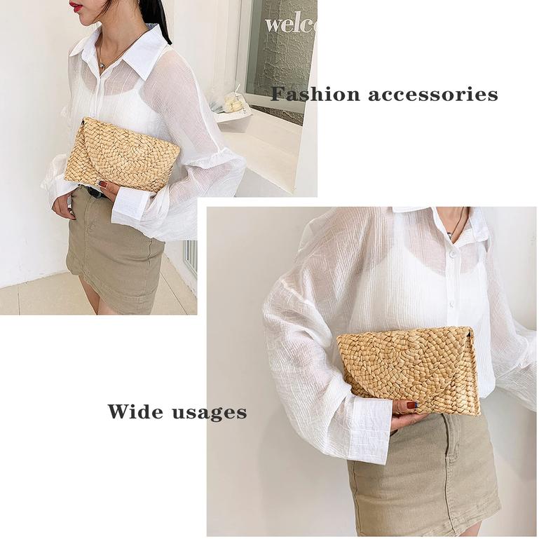 White Corn Rectangle Wicker Clutch Bag Straw Purse For Girls Summer Beach Crossbody Handbags Gift For Her