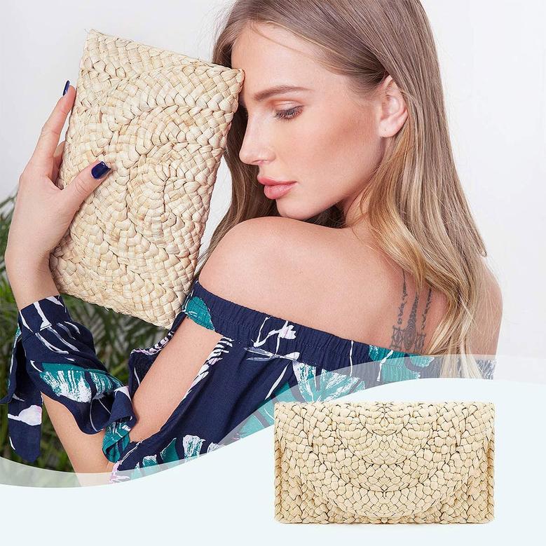 White Corn Rectangle Wicker Clutch Bag Straw Purse For Girls Summer Beach Crossbody Handbags Gift For Her