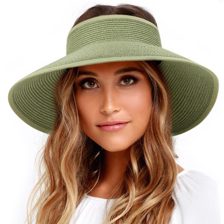 Army green Straw Hat Wide Brim Straw Roll Up Ponytail Summer Beach Hat UV UPF Packable Foldable Travel