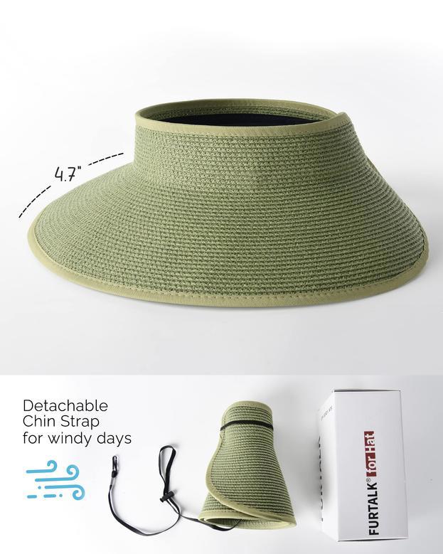 Army green Straw Hat Wide Brim Straw Roll Up Ponytail Summer Beach Hat UV UPF Packable Foldable Travel