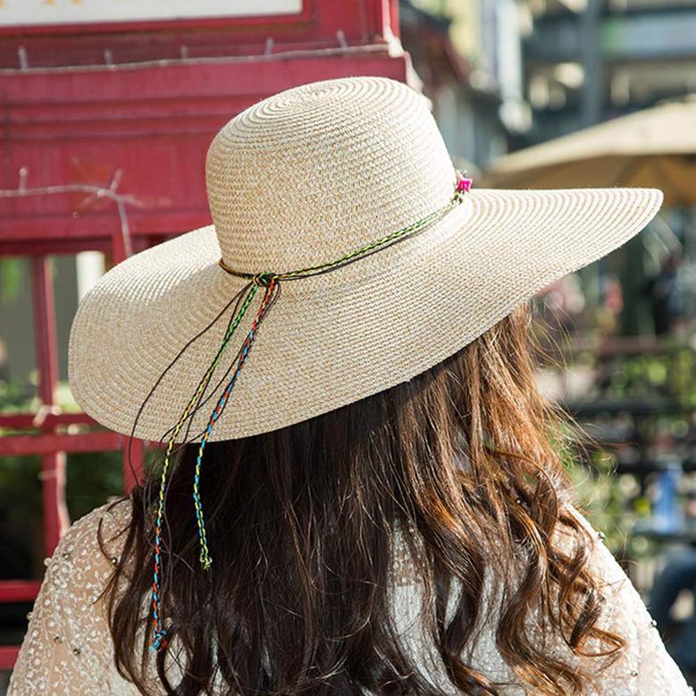 Beige Large Straw Hat Bowknot Floppy Foldable Roll up Beach Cap Sun Hat Summer UV Protection