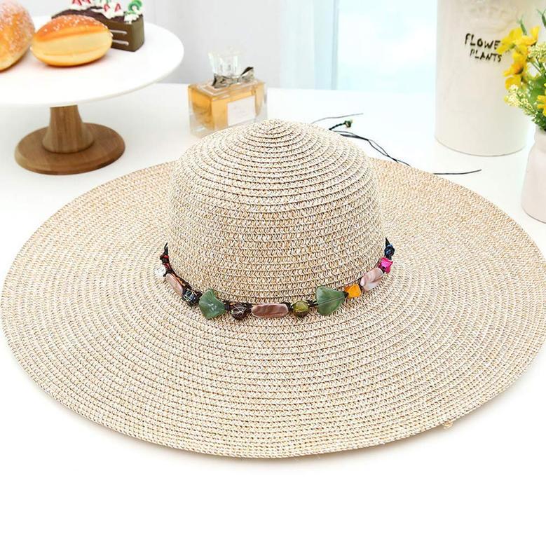 Beige Large Straw Hat Bowknot Floppy Foldable Roll up Beach Cap Sun Hat Summer UV Protection