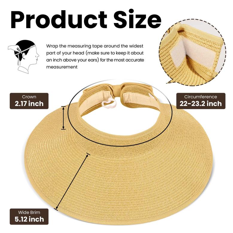Beige Straw Hat UPF 50+ Wide Brim Roll-up Straw Sun Hat Sun Visor Beach Summer Hat