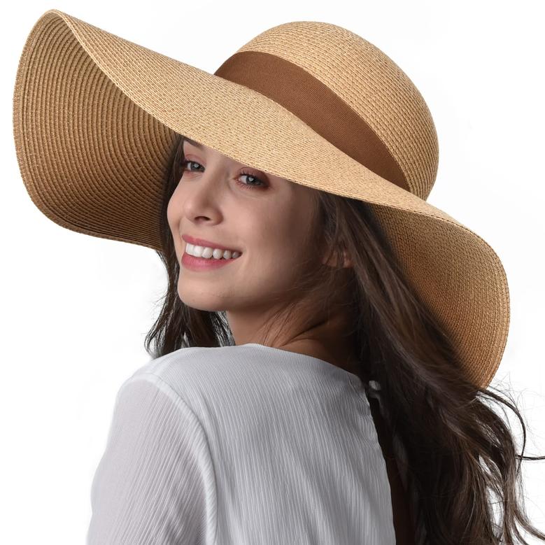 Khaki Dark Orange Straw Hat Wide Brim UPF 50 Summer Hat Foldable Roll up Floppy Beach Hats for Women