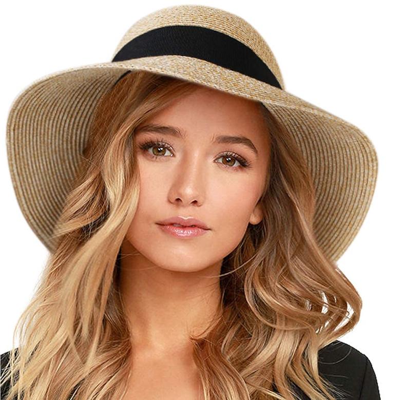 Mixed Beige Khaki Large Straw Hat Womens Travel Foldable Brim Summer Beach UV Protection Hat