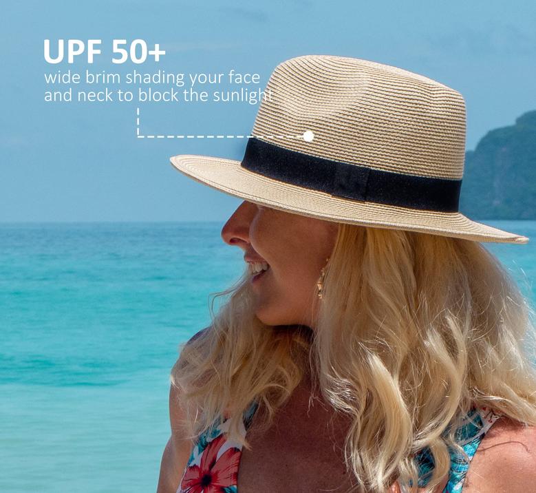 Beige Straw Hat Packable Wide Brim Panama Hat for Women UV UPF50+ Summer Hat