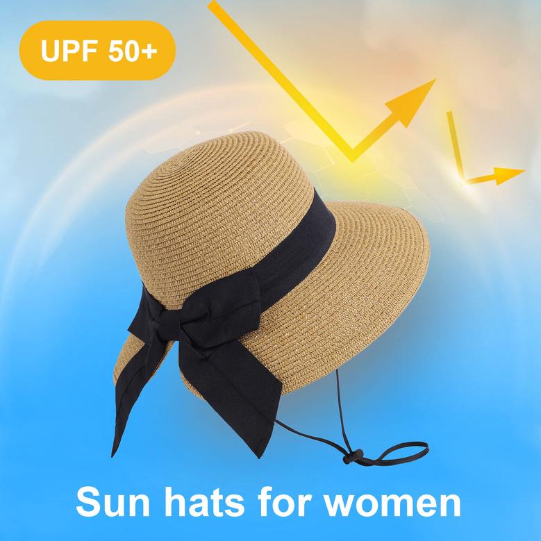 Beige Straw Hat Sun Hats for Women UPF 50+ Women's Lightweight Foldable/Packable Beach Sun Hat