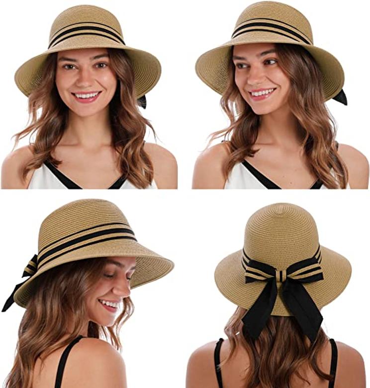 Cream and Brown Large Straw Hat UV Protection Large Wide Brim Hat Women Packable Sun Hat