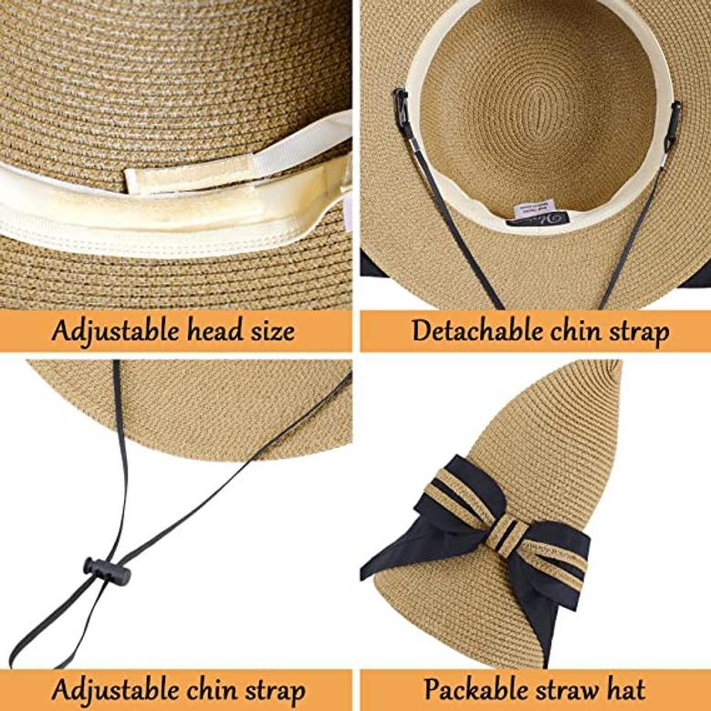 Cream and Brown Large Straw Hat UV Protection Large Wide Brim Hat Women Packable Sun Hat