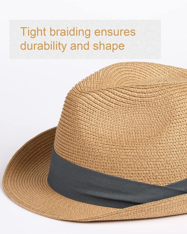 Khaki Blue Fedora Straw Hat for Unisex Foldable Roll Up Short Brim Trilby Hat Panama Beach Hat UPF 50+
