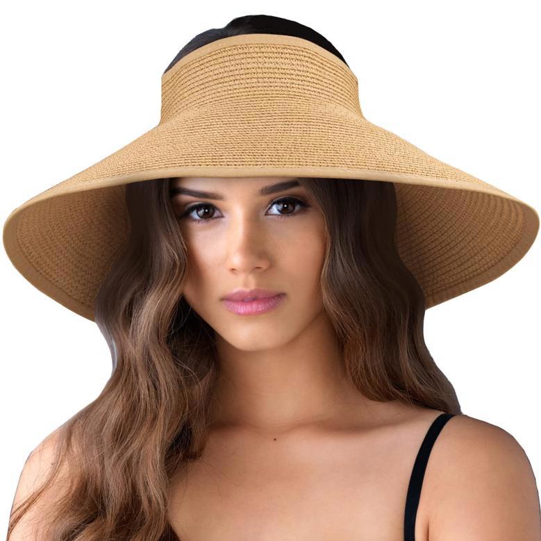 Khaki Straw Hat Foldable Wide Brim Straw Sun Visors for Women Adjustable Topless Beach Hat Sun Protection