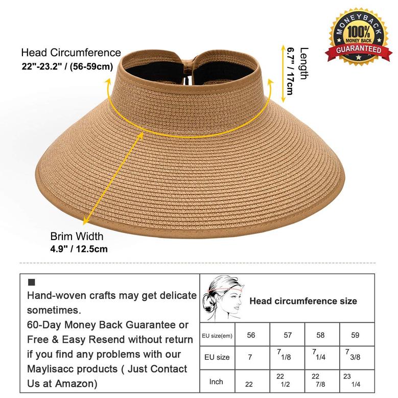 Khaki Straw Hat Foldable Wide Brim Straw Sun Visors for Women Adjustable Topless Beach Hat Sun Protection