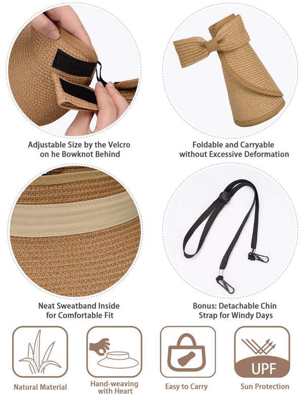 Khaki Straw Hat Foldable Wide Brim Straw Sun Visors for Women Adjustable Topless Beach Hat Sun Protection