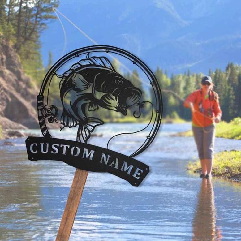 Personalized Bass Fishing Fish Pole Metal Sign, Custom Name Fishing Bass Gift, Outdoor Decor, Custom Fishing Bass Metal Sign