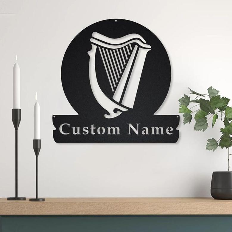 Personalized Celtic Harp Monogram Metal Sign, Custom Name, Celtic Harp Sign, Celtic Harp Gifts For Birthday, Custom Music Metal Sign
