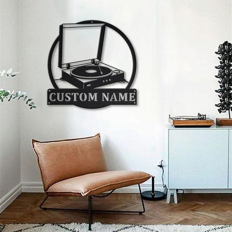 Personalized Music Turntable Record Monogram Metal Sign, Custom Name, Turntable Record Sign, Music Lover Sign, Decoration For Living Room, Custom Music Metal Sign