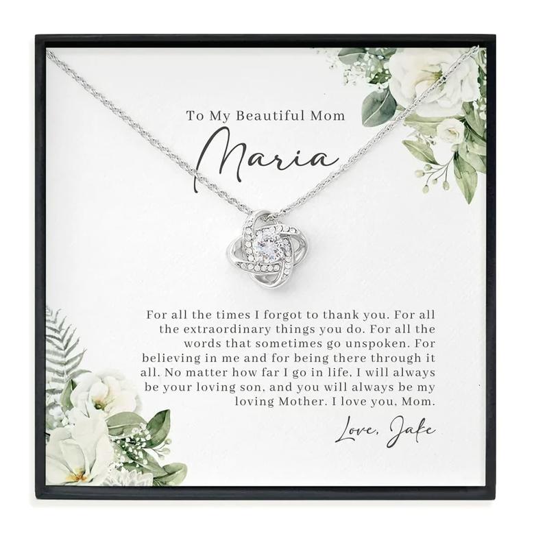 Custom Name Message Card Love Knot Necklace - To My My Beautiful Mom - Gift From Son To Mother - Love You Mom And Thankyou
