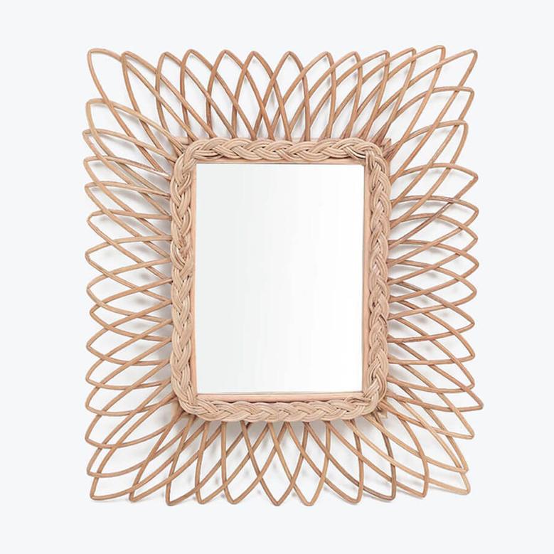 Rectangular Rattan Mirror For Wall Decor Floral Design Wall Mirror