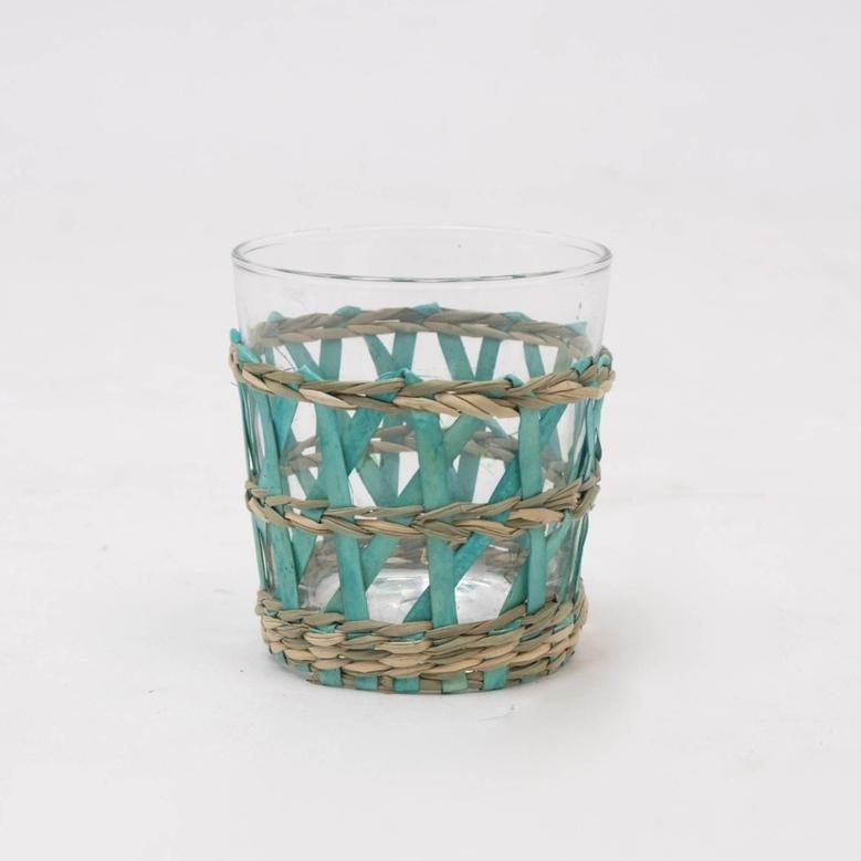 Large Blue Glass and Seagrass Candle Holder Modern candle Cup for Home Decor