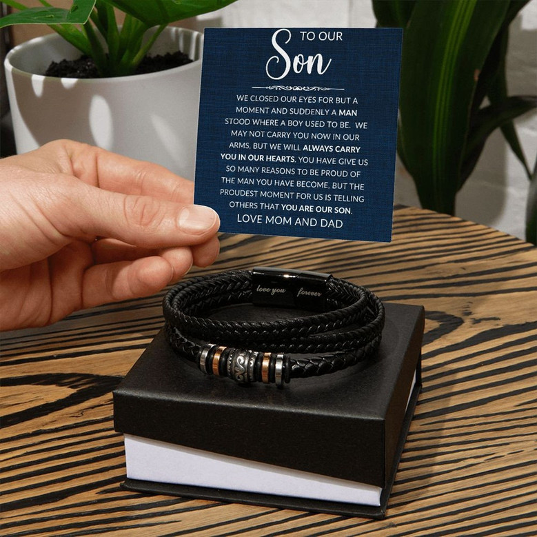 To Our Son Love You Forever Leather Bracelet Birthday Gift from Mom Dad
