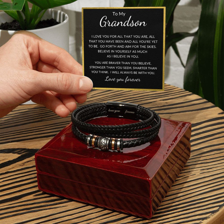 To My Grandson Braided Leather Bracelet Christmas Birthday Gift From Grandma Grandpa