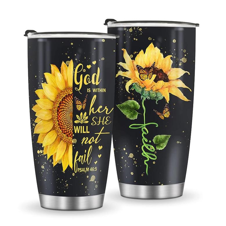 Sunflower Tumbler Mug Gifts for Women Birthday Gift for Mom Friend Girls Valentine Tumbler 20oz, God Is Within Her, Faith Christian Gift Idea