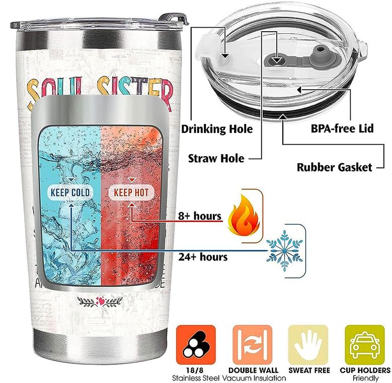 Gifts for Soul Sister Friends Female Tumbler 20oz, Sister Gifts for Women, Christmas Birthday Gifts for Women Friendship Stainless Steel Travel Cup