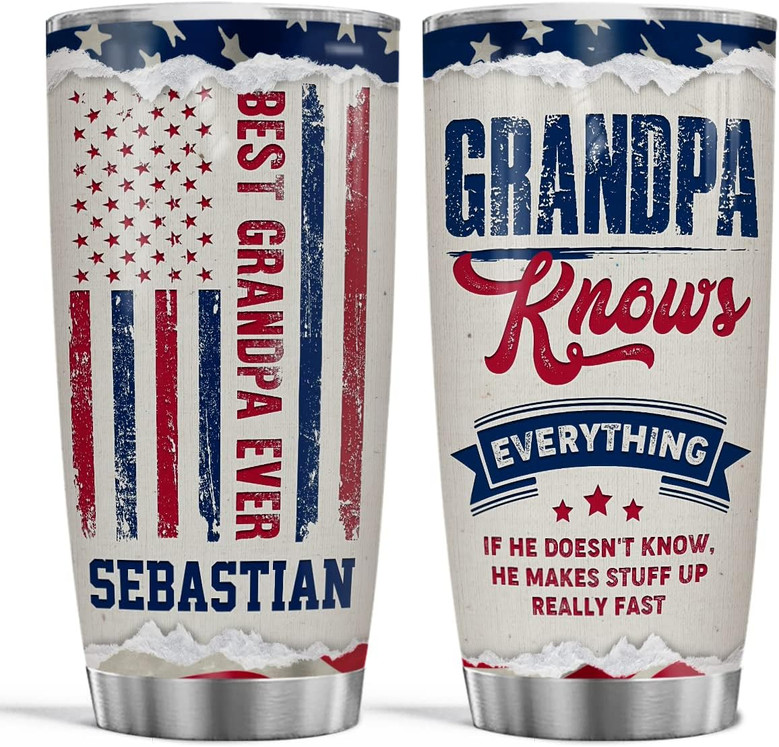 Personalized Grandpa Tumbler Grandpa Knows Everything 20oz Stainless Steel Tumblers Coffee Travel Mug Papa Cup Birthday Christmas Fathers Day