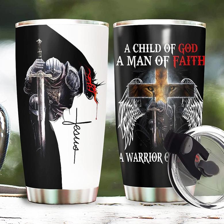 Jesus Tumbler, A Child of God Man of Faith Warrior of Chirst, Christian Gifts For Men Tumbler 20oz, Gift For Dad Grandpa Husband Uncle Son Travel Cup