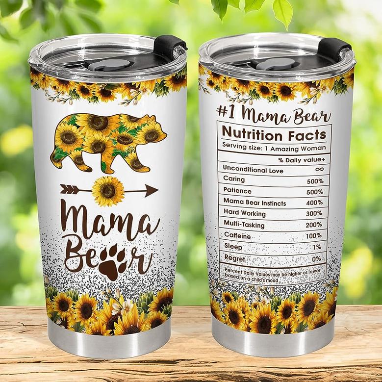 Mom Gifts, Birthday Gifts For Mom From Daughter Son Kids, Mama Bear Tumbler 20 oz with Sunflower, Mom Nutrition Mug Tumbler 20oz 