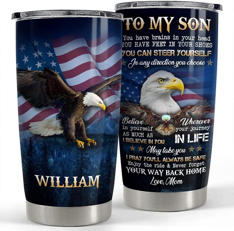 Personalized Son Gifts Tumbler American Eagle From Mom 20oz Tumblers, Gift for Son Christmas Birthday Graduation Gift To Son From Dad Grandma Grandpa