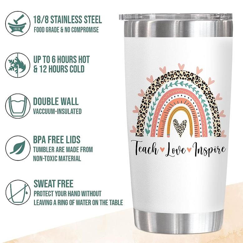 Teacher Appreciation Gifts For Women Birthday Graduation Christmas Thank You Gift Tumbler 20oz, Teach Love Inspire Stainless Steel Travel Cup