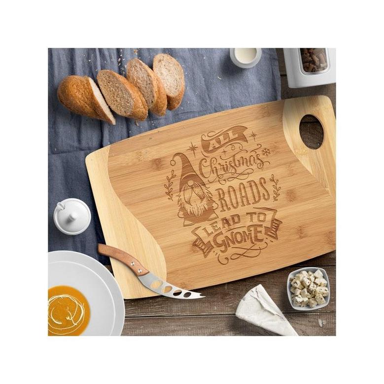All Christmas Roads Lead to Gnome Bamboo Cutting Board Engraved Funny Holiday Kitchen Home Decor Charcuterie Cheese Housewarming Gift
