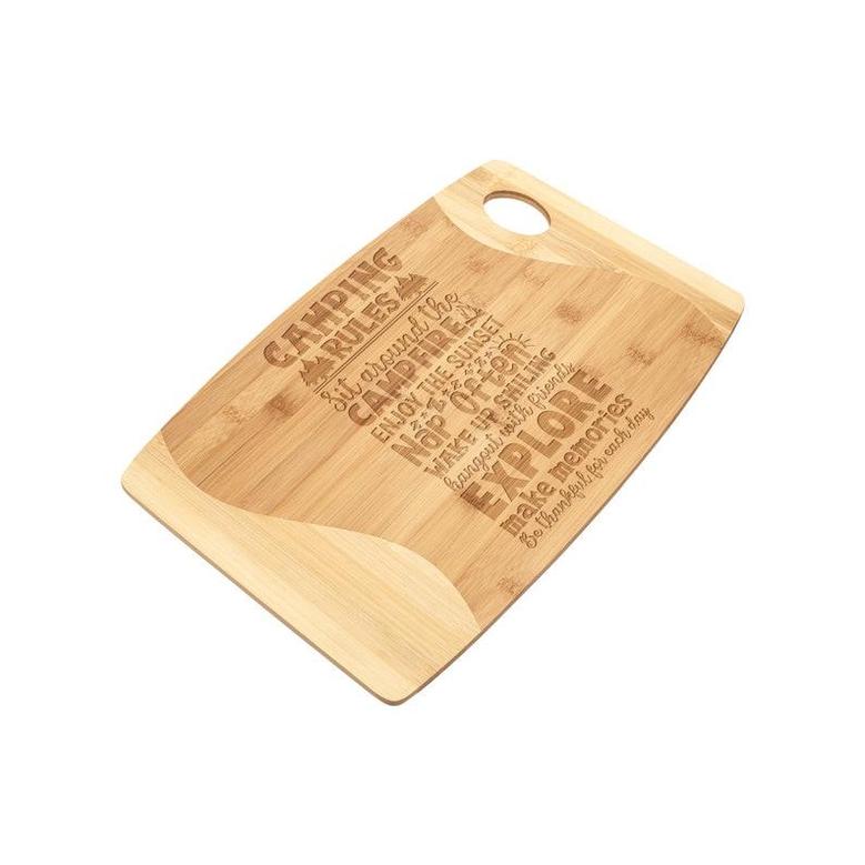 Camping Rules Bamboo Laser Etched Cutting Board, Camping Cutting Board, Sink Cover Cutting Board, Two Tones Bamboo Cutting Board