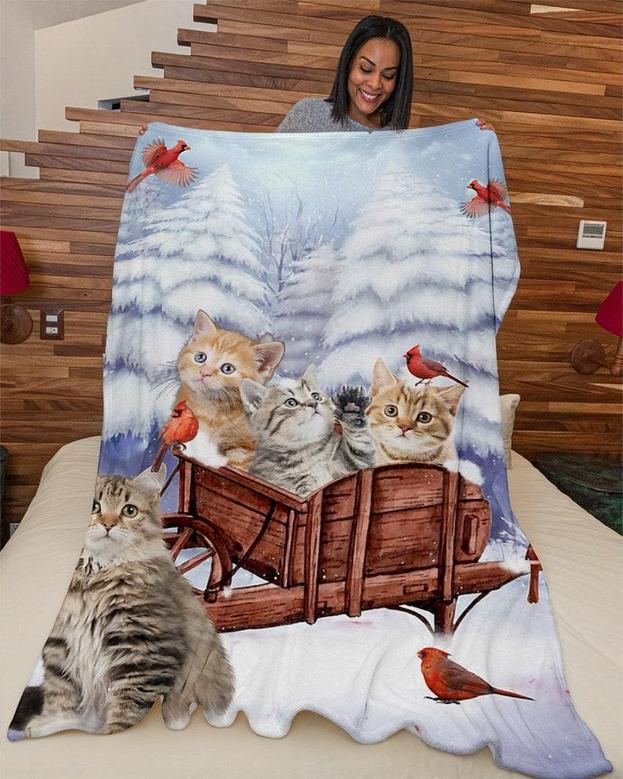 Cat Snow pine cardinal Blanket,Cat lover Blankets, Blanket gifts for daughter, Cat christmas gifts,cat mom gifts,cat dad gifts,christmas cat